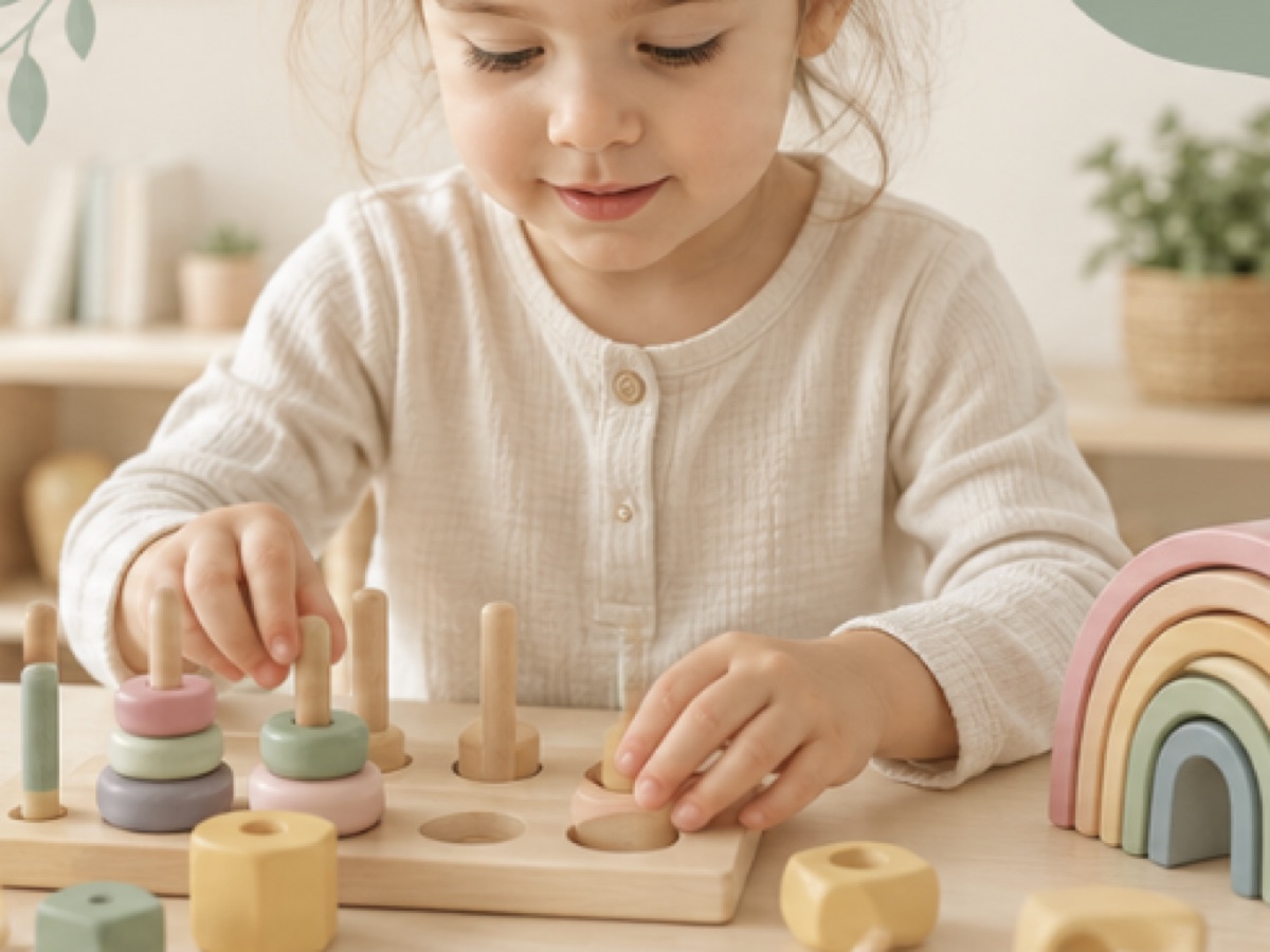 Niña jugando con un juego Montessori de madera en tonos pastel